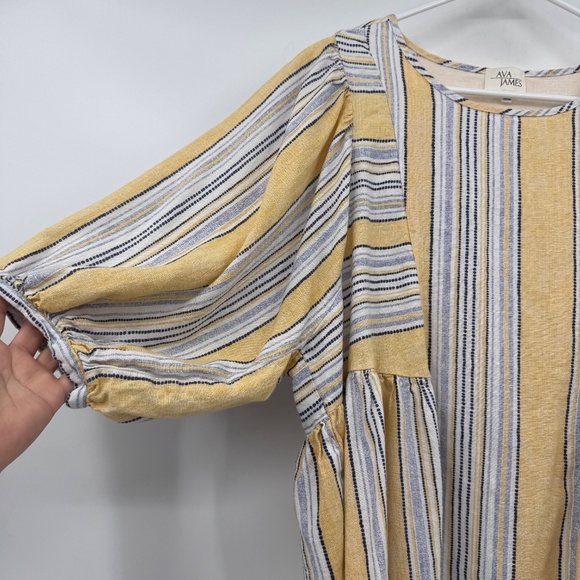 Ava James Top Women 2X Yellow Blue Striped Linen Cotton Blend Short Puff Sleeves - Picture 3 of 12